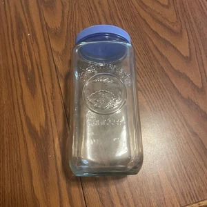 Vintage Golden Harvest Canister Cornucopia Embossed Glass Jar Blue Ribbed Lid - Picture 1 of 6