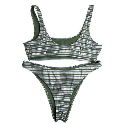 L.A. Conjunto de trajes de baño bikini de dos piezas Hearts S superior e inferior M rayas verdes usado en excelente estado Foto 1 de 4