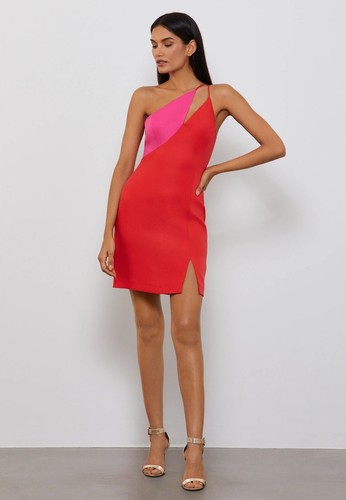 Abito BCBG Maxazria Rosso Combo Rosso Rosa Colore Blocco Asimmetrico San Valentino UK 12