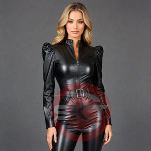 Women's Soft Black Leather Catsuit Front Ziper Fit Sexy Kink Women Jumpsuit Club - Picture 1 of 3