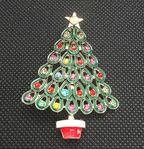 Multi-Color Rhinestone Green Enamel Christmas Tree Brooch Pin - Picture 1 of 4