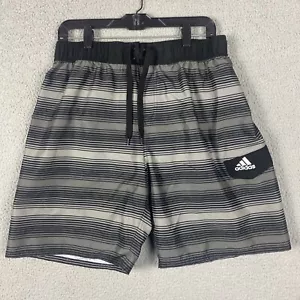 Adidas Shorts Mens Large Gray Black Striped Board Shorts Swim Trunks Lined - Picture 1 of 8