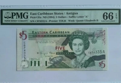 1994 East Caribbean Antigua $5 PMG66 EPQ <P31a> GEM UNC  - Image 1 of 2