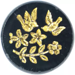 C1880s Victorian Black Glass Gold Luster Intaglio Flying Birds & Flowers Button - Picture 1 of 4