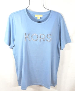 Michael Kors Women's Blouse L Blue Silver Studded Logo Top Shirt T-Shirt NWT - Picture 1 of 11