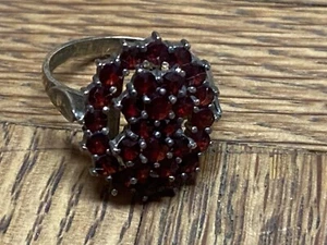 Antique Bohemian Pyrope Garnet Cluster Cocktail Sterling Silver Ring Size 7 - Picture 1 of 8