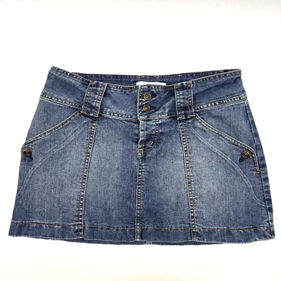 Minifalda vaquera elástica vintage años 90 Y2K Xhilaration botón lavado mediano 9 29x12 Foto 1 de 4