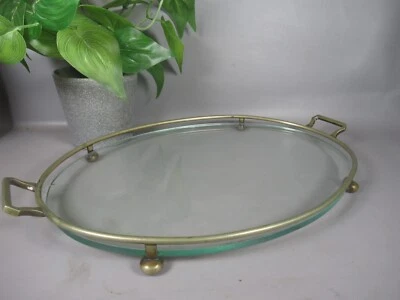 vintage solid brass oval glass display tray 30s 40s - Image 1 of 4