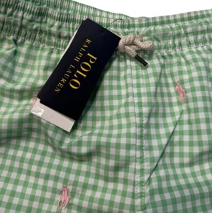 Ralph Lauren Polo 10/12 Medium Boys Swim Shorts Trunks Pony Green Gingham NWT - Picture 1 of 13