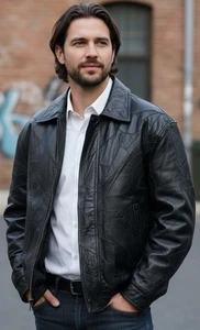 Vintage Fondini Herren L Echtleder Bomberjacke 90er Patchwork Stepp gefüttert schwarz - Bild 1 von 13