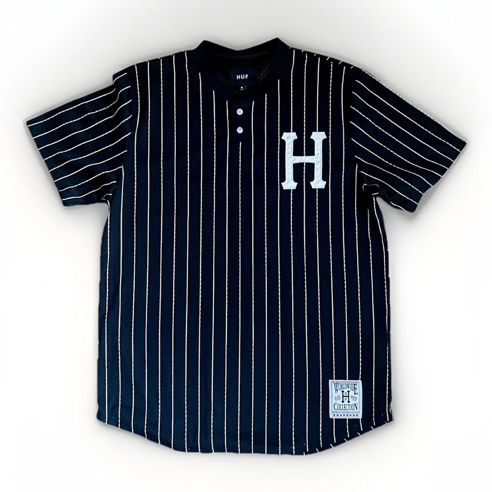 Camiseta de béisbol Huf Worldwide Collection a rayas blancas y negras para hombre talla mediana Foto 1 de 4
