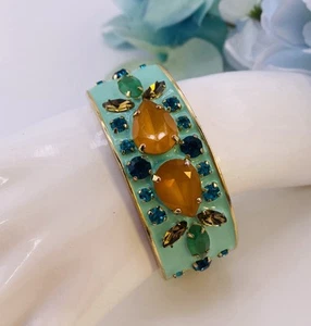 J CREW Bangle Bracelet Teal Aqua Enamel & Rhinestones Hinged Magnetic Clasp  - Picture 1 of 12