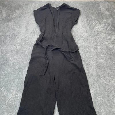 Gap One Piece Womens 12 Tall Black Jumpsuit Cotton Belted Waist V Neck Wide Leg - Image 1 of 4