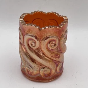 Vntg Toothpick Holder Carnival Glass S Design orange pink scalloped iridescent - Picture 1 of 8