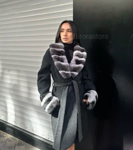 100% Alpaca Women's Winter Coat Real Fox Fur Long Overcoat Soft Stylish Black - Picture 1 of 5