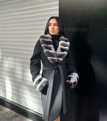 100% Alpaca Women's Winter Coat Real Fox Fur Long Overcoat Soft Stylish Black - Image 1 of 4