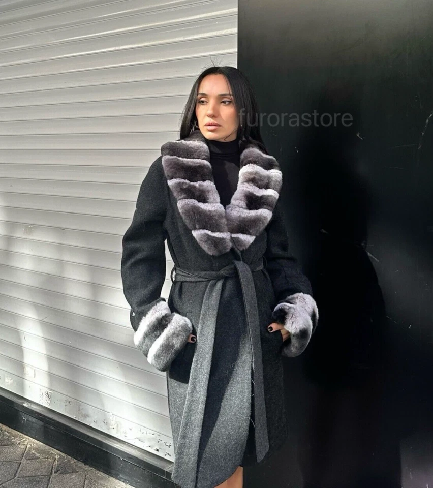 100% Alpaca Women's Winter Coat Real Fox Fur Long Overcoat Soft Stylish Black - Image 1 of 4