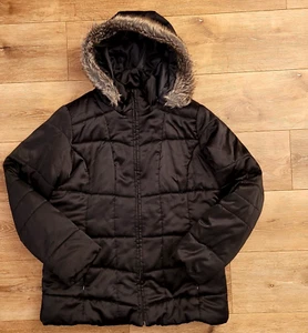 Womens Black Faux Fur Trim Hooded Winter Coat XL Polyester Zip - Style & Co - Picture 1 of 7