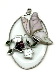 Handgefertigter Tiffany Buntglas Schmetterling und Blumen Sonnenfänger 6" Vintage - Bild 1 von 11