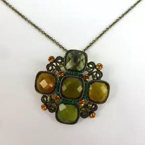 Virgin Vie Rhinestone Green and Amber Glass Pendant Necklace - Picture 1 of 7
