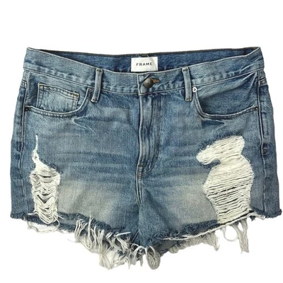 Mini pantalones cortos de jean montura para mujer azul denim tiro alto desgastado dobladillo crudo talla 28 Foto 1 de 4