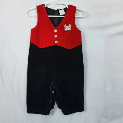 Mameluco de bebé bordado sin mangas de terciopelo rojo y negro vintage para niños talla 6-9 meses Foto 1 de 4