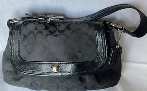 Coach SMALL Vintage Boho Black Leather Signature C Canvas Shoulder Handbag - Picture 1 of 8