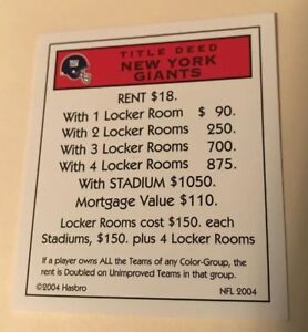 New York Giants NFL Monopoly Deed Title Card Manning OBJ Beckham John Mara Owner