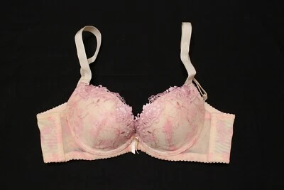 Pink lace on Cream underwire push-up Bra- satin bow detail - Size 30C France - Image 1 of 4