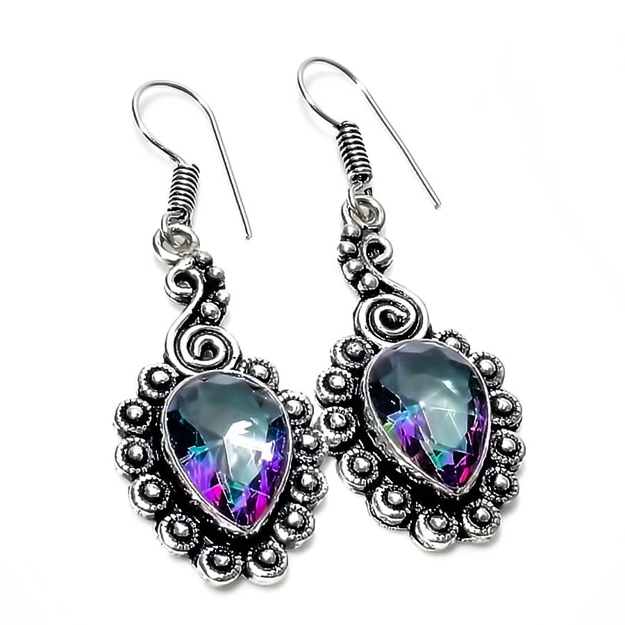 Mystic Topaz Gemstone Handmade 925 Sterling Silver Jewelry Earring Size 1.8" - Image 1 of 1