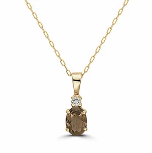 Birthstone 14K Yellow Gold Smoky Quartz Nude Diamond 0.7 ct 18" Pendant Necklace - Picture 1 of 5