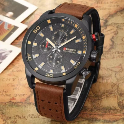 CURREN Men Watch Black Leather Quartz Wristwatch Shockproof Big Case Male Watch - Image 1 of 4
