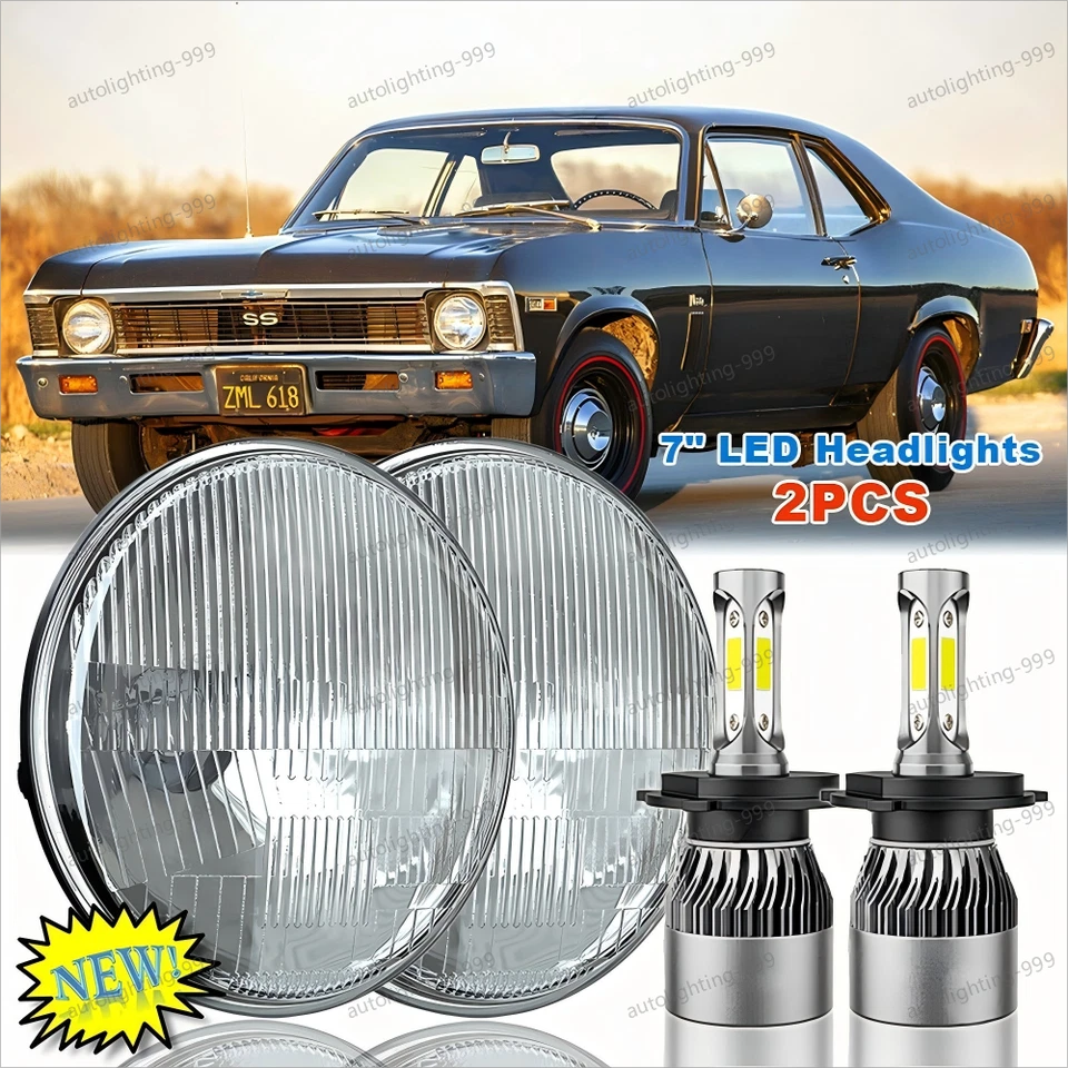 Par de faros LED redondos de 7 pulgadas haz alto/bajo aptos para Chevrolet Chevy II/Nova 1969-1978 Foto 1 de 4