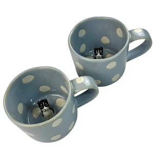 SET Of 2 Adorable Anthropologie Baby Blue Polka Dot Ceramic Mug Peeping Cat Cup - Picture 1 of 17