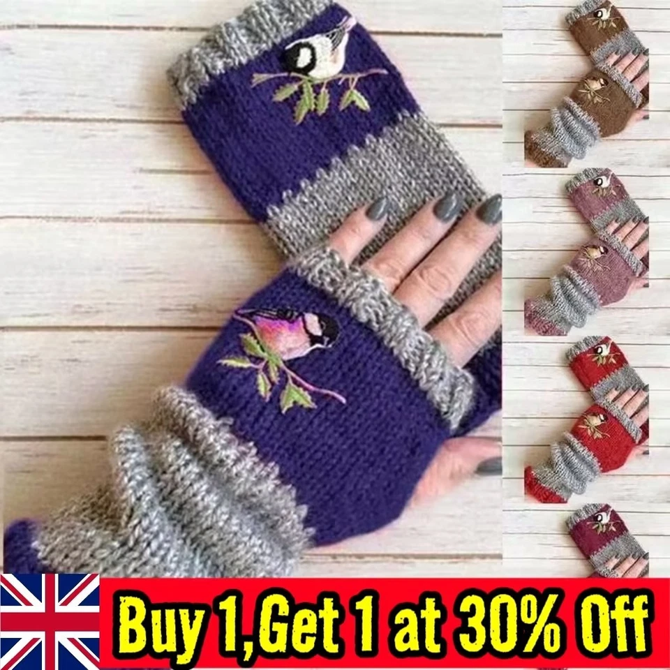 Elegant Women Birds Embroidery Gloves Winter Knitted Fingerless Mittens Gloves~