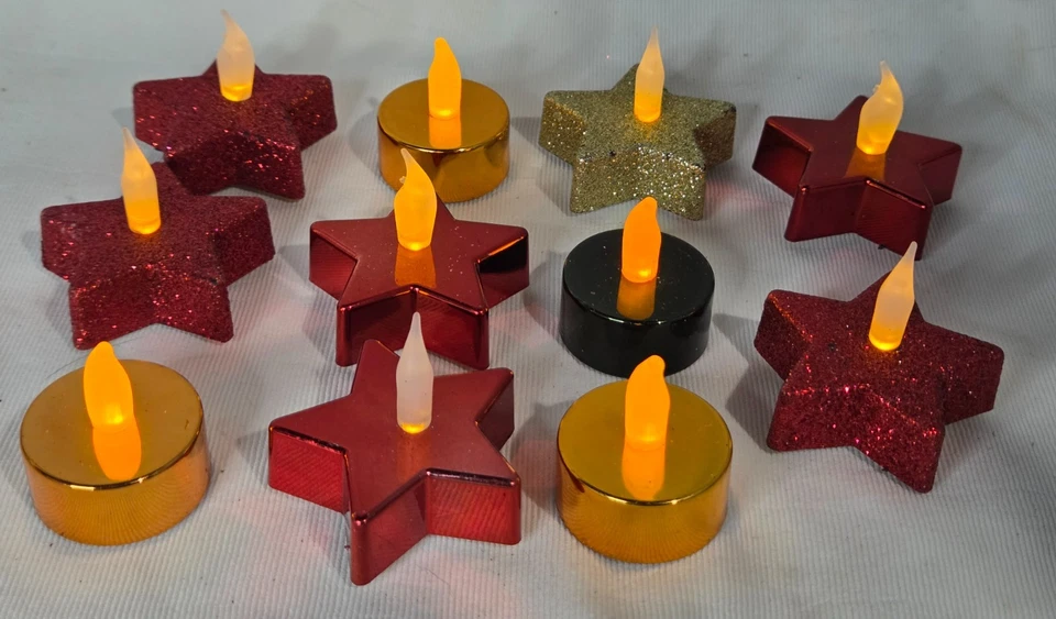Flameless LED Tea lights Christmas Stars & Circles Red Gold Glitter 1.5-2.25 in. - Image 1 of 4