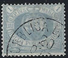 1894 SAN MARINO, n . 31 used blue lira Signed A. Diena