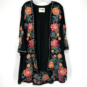 Kimono Savanna Jane nero ricamato floreale rosa acqua hippe bohemien medio - Foto 1 di 7