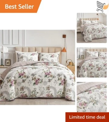 Juego de edredón floral completo/queen beige microfibra ropa de cama suave para todas las estaciones 3 piezas Foto 1 de 4