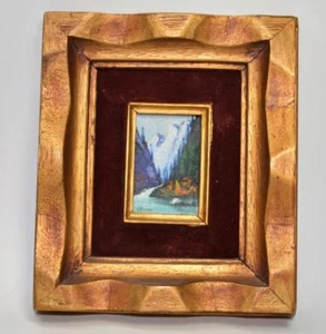 VTGMiniature oil on wood signed painting 3"x2" Mountain River wooden frame 8"x7" - Picture 1 of 2