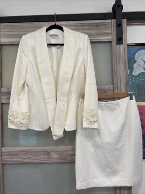 Kay Unger NY Skirt Suit Women Jacket Sz8 Silk Cotton Blend Skirt Sz 4 Beading - Image 1 of 4