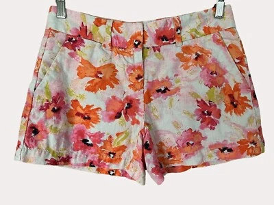 Shorts Ann Taylor Loft mistura de linho estampa floral laranja rosa verde 00 - Imagem 1 de 4
