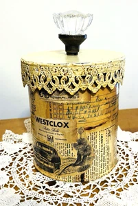 Vintage Newspaper Print Metal Decorative Shabby Tin Can Container with Lid 8 x 5 - Picture 1 of 6