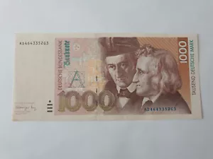 1000 DM Banknote / Deutsche Mark Schein 01. August 1991 Serie AD - Bild 1 von 2