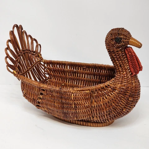 Wicker Turkey Basket by F.T.D.A 1983, Small Size 10" Long, 6" Tall, Vintage Cover