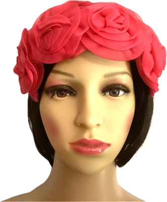 Chapéu boné caveira feminino 1950's fúcsia chiffon rosas vintage - Imagem 1 de 4