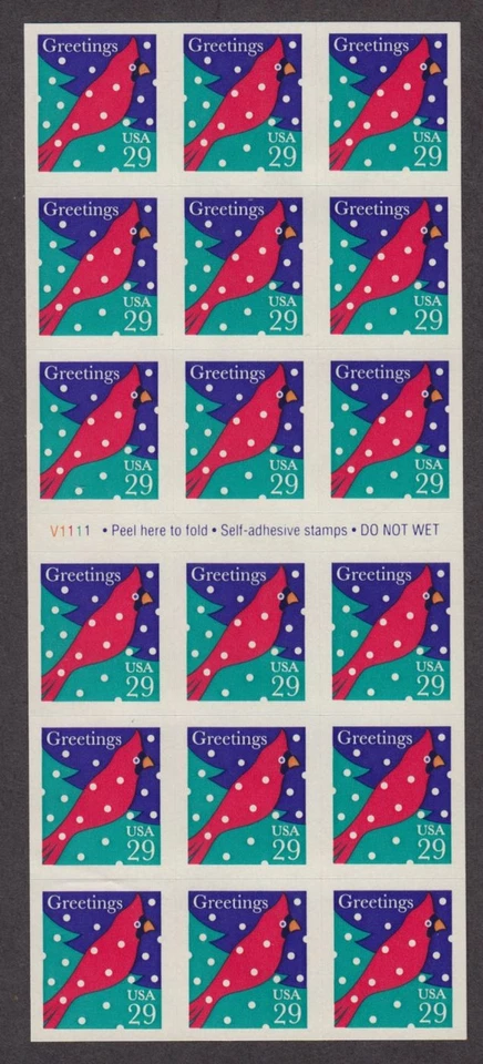 1994 booklet of 18 Cardinal Christmas issue Sc 2874a MNH plate number V1111 - Image 1 of 1