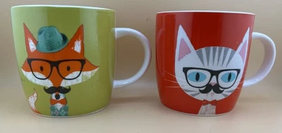 Nuevo 2 tazas/tazas de cerámica de 14 oz disfraces de bigote de zorro y gato artesanales de cocina Foto 1 de 4