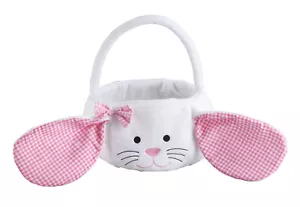 Kids Easter Basket, Plush White Bunny with Floppy Gingham Ears - Picture 1 of 3