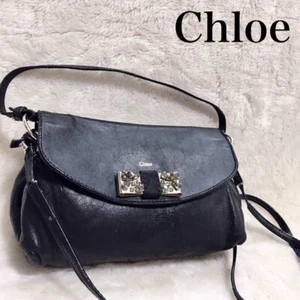 Chloe Handbag Shoulder Bag Logo Ribbon Leather Black Rhinestone Authentic KI1 - Picture 1 of 10